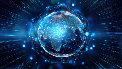 Poster - glowing globe surrounded by interconnected nodes representing technology, data, and innovation
