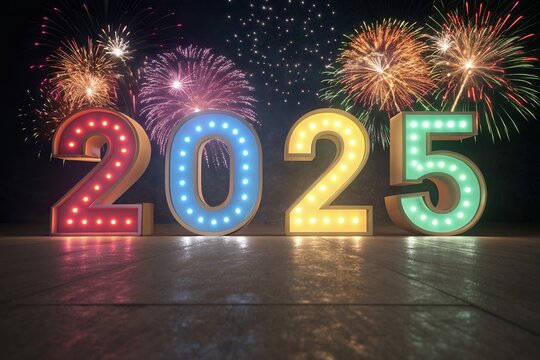 3D Numbers 2025 to date on fireworks 2025 logo design element with creative modern concept