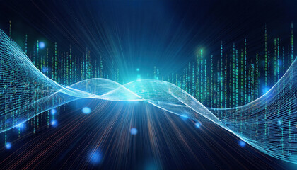 Poster - vibrant illustration of binary code streams flowing through glowing neural network, creating sense o