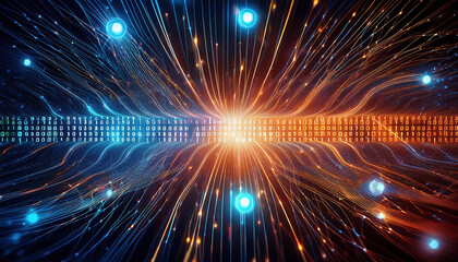 Poster - vibrant illustration of binary code streams flowing through glowing neural network, showcasing dynam