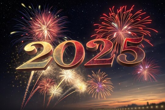 3D Numbers 2025 to date on fireworks 2025 logo design element with creative modern concept
