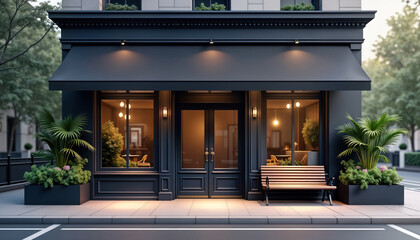 Aufkleber - Modern shop facade at night. Stylish store with black awning and planters. Warm light inside store. Wooden bench outside. Urban setting. Evening atmosphere.
