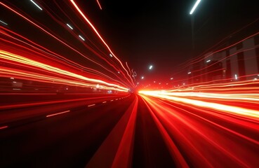 Aufkleber - Fast moving cars create vibrant red streaks on dark road at night. Highway scene fast motion blur. Urban road at night filled with speeding vehicles. Red light trails emphasize high speed. Long