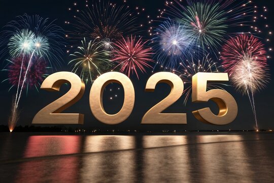 3D Numbers 2025 to date on fireworks 2025 logo design element with creative modern concept