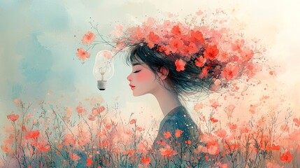 Aufkleber - female figure light bulb as head filled vibrant flowers symbolizes creativity. Soft flowing lines and delicate watercolor washes create artistic atmosphere.