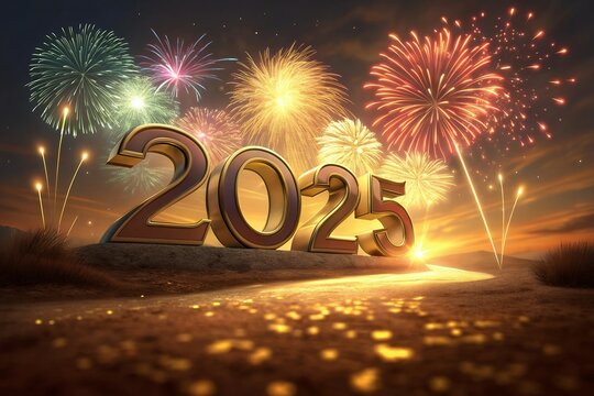 3D Numbers 2025 to date on fireworks 2025 logo design element with creative modern concept