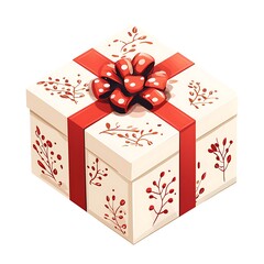 Wall Mural - A Square Gift Box with Red Ribbon and Botanical Design.