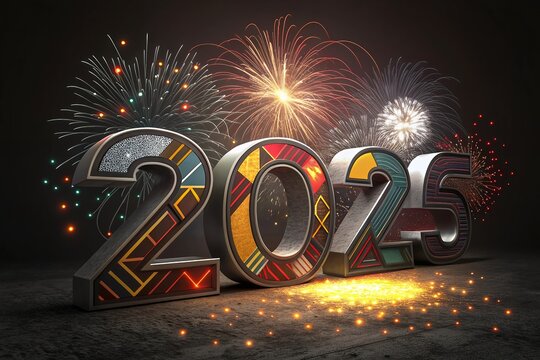 3D Numbers 2025 to date on fireworks 2025 logo design element with creative modern concept