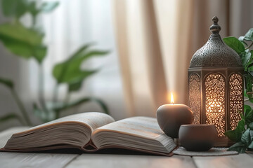 Peaceful Reading Nook with Lantern and Candles