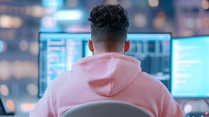 Poster - Man in a pink hoodie is sitting in front of a computer. He is looking at the screen