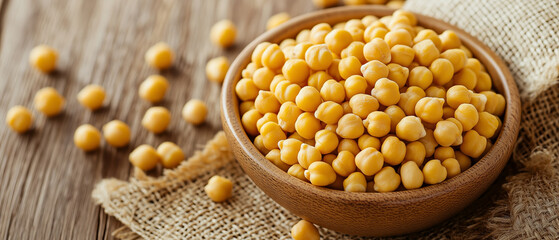 Wall Mural - Bowl of raw chickpeas on rustic wooden table with scattered legumes and burlap background.