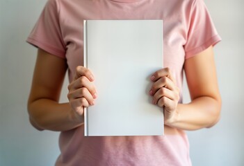 Poster - Woman holds blank book cover mockup. Empty book cover template, ready for design. Presenting blank cover for product catalog business marketing. Possible use cases include handbook template book