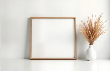Leinwandbilder - Empty wooden picture frame on a white wall. Minimalist decor. Place for artwork or photo. A vase with pampas grass is beside the frame. Modern home interior. Perfect for art display.