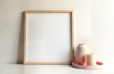 Leinwandbilder - Empty picture frame mockup against clean white wall. Decorative pink vase, candle on matching pink tray sit next to frame. Minimalist home decor theme. Interior design template for photo print. Blank
