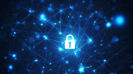 Poster - A digital illustration featuring a blue lock symbol amid a network of bright blue connections, representing cybersecurity and data protection.