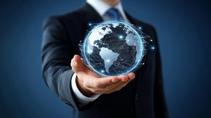 Aufkleber - A businessman holding a digital globe, symbolizing global connection, technology, and innovation.