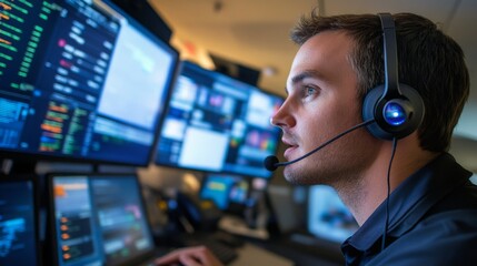 Leinwandbilder - A focused professional analyzes data on multiple screens while wearing a headset, immersed in a tech-driven environment.