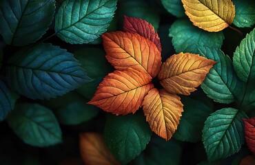 Wall Mural - Close-up of vibrant autumn leaves in varying shades of orange, red, and green, showcasing intricate leaf veins and textures against a dark background.