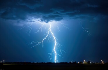 Poster - Dramatic lightning strike illuminates dark night sky. Powerful blue bolt pierces through stormy clouds. Sky darkens with thunderclouds. Flat landscape with silhouettes of trees, lights in distance.