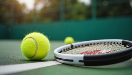 Wall Mural - Tennis balls and racket on a green court