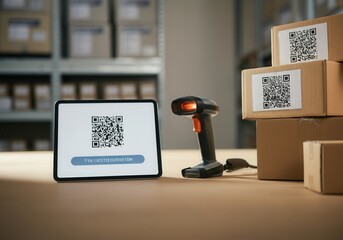 Qr code scanner and digital tablet displaying tracking information streamline logistics in modern warehouse