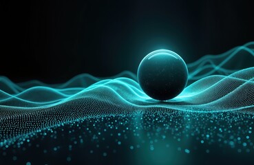 Poster - Abstract sphere rests on rippling turquoise wave lines. 3D sphere, flowing light lines form digital gradient pattern. Futuristic design innovative tech ideas. Vibrant glowing sphere, wave lines evoke