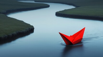 A vibrant red paper boat glides through a serene, winding river surrounded by lush greenery, creating a tranquil and artistic scene.