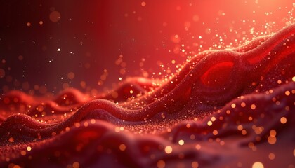 Leinwandbilder - Red liquid flows with golden glitter particles. Abstract design with red background. Elegant, luxurious fluid effect. Dynamic swirling motion. Artistic illustration with red, burgundy tints. Glowing