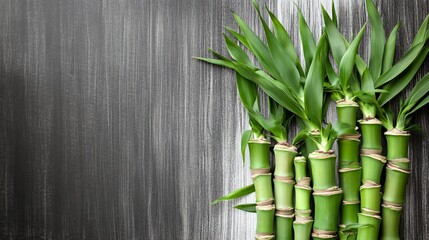 Wall Mural - Lush Green Bamboo Shoots on Dark Wood Background