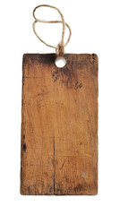 Poster - Grunge wooden label with string attached, isolated on transparent background, ready for customization