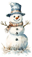 Aufkleber - Watercolor painting featuring a classic snowman with twig arms, a carrot nose, and a blue top hat on a transparent background