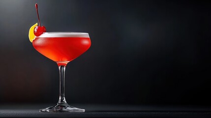 Wall Mural - Refreshing cherry cocktail with citrus garnish on dark background - perfect for spring beverage ideas