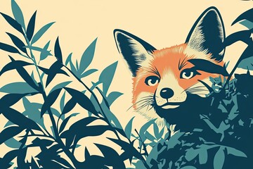 Canvas Print - A Red Fox Peeking Through Lush Green Foliage