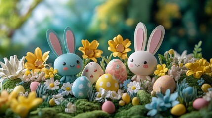 Wall Mural - Spring celebration featuring pastel eggs and decorative bunny in a floral arrangement