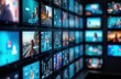© miss irine - Wall of TVs displays various media content. Different tech screens show diverse images, videos. Perfect for media tech advertising concepts. Modern display wall shows diverse content. Visual display
