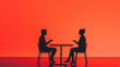 © alexandr - Silhouettes of a man and woman sitting across a table conversing against a vibrant red background with strong shadows