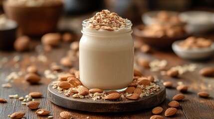 Canvas Print - Creamy almond milk in a glass jar surrounded by whole almonds on a rustic table