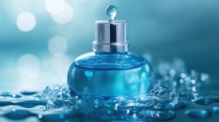 Aufkleber - A blue perfume bottle surrounded by water droplets, suggesting freshness and elegance.