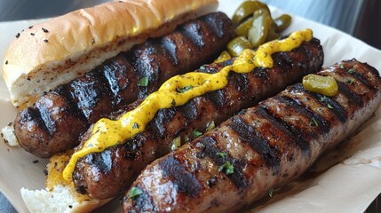 Wall Mural - Grilled sausages served with mustard and pickles on a white plate