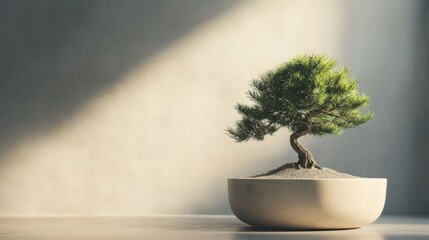 Aufkleber - A bonsai tree in a minimalist pot, illuminated by soft light, symbolizing tranquility and nature.