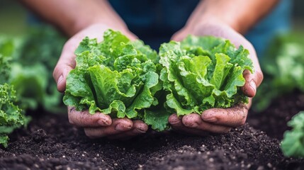 Canvas Print - Hands holding fresh green lettuce from an organic garden in daylight