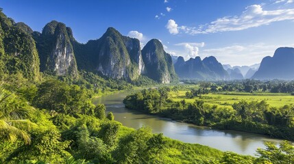 Poster - A breathtaking landscape featuring mountains, a river, and lush greenery under a blue sky.