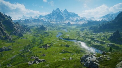 Poster - A breathtaking mountain landscape with a winding river and lush greenery under a clear sky.