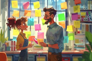 Poster - Happy colleagues brainstorming, colorful sticky notes.