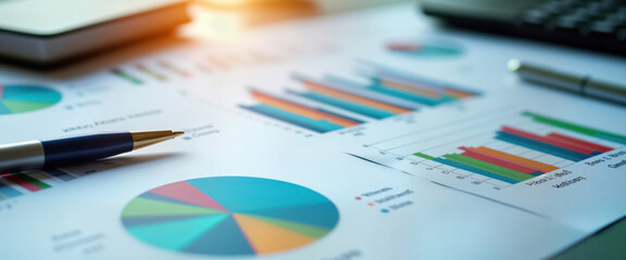 Aufkleber - Business report with vibrant pie charts, bar graphs. Data-driven analysis displayed on document. Planning, performance evaluation presented. Colorful charts for investment, financial data.
