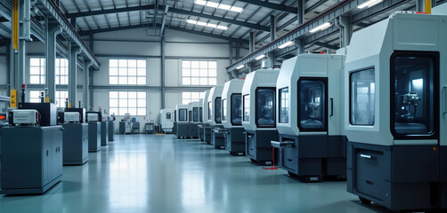 Aufkleber - Modern factory interior. High-tech milling machines arranged in rows. Automated machinery. Industrial equipment. Interior shot of modern factory. Rows of advanced milling machines. Precision