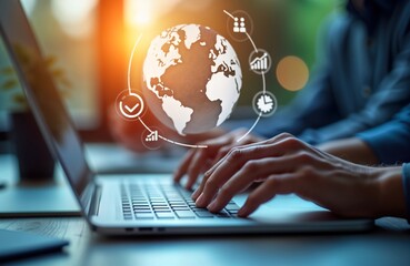 Aufkleber - Business person works on laptop with global marketing, finance concepts. Hands type on laptop keyboard. Person analyses global market data. Focus on strategy, tech, global markets. Modern business