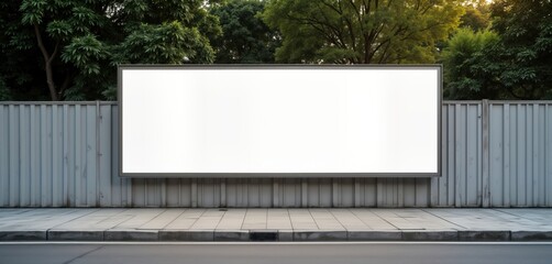 Empty white billboard on city sidewalk next to grey fence. Large advertising space. Urban setting. Outdoor advertising. Ideal for mockups. Blank banner. Blank sign. Template for ads. Street scene.