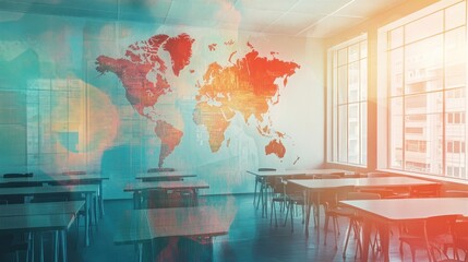 Aufkleber - A classroom with a world map mural, symbolizing education and global awareness.