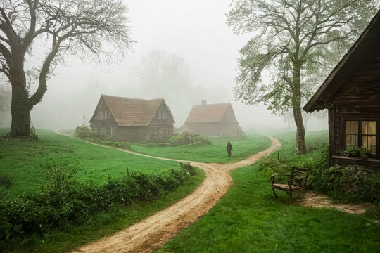 A Foggy Sunrise Over a Serene Village Landscape